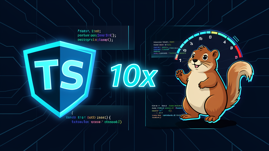 TypeScript 7 Go compiler rewrite - dark tech background with TS shield and Go gopher showing 10x speedup